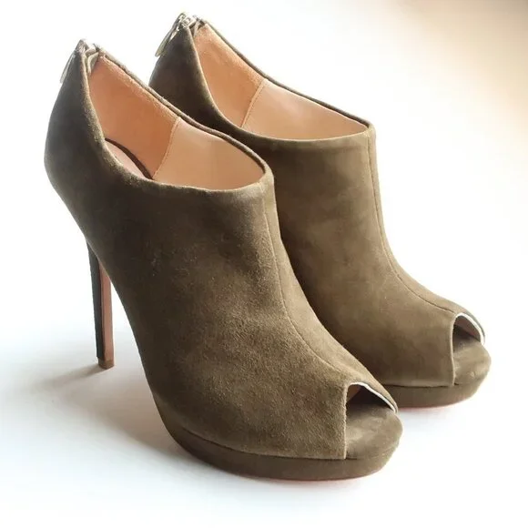 Pour La Victoire Moss Green Suede Leather Peep Toe Stiletto Heel Bootie Shoes 6 - Picture 14 of 15